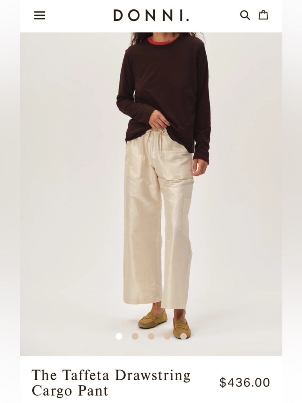 DONNI. Ivory Taffeta Drawstring Cargo Pant